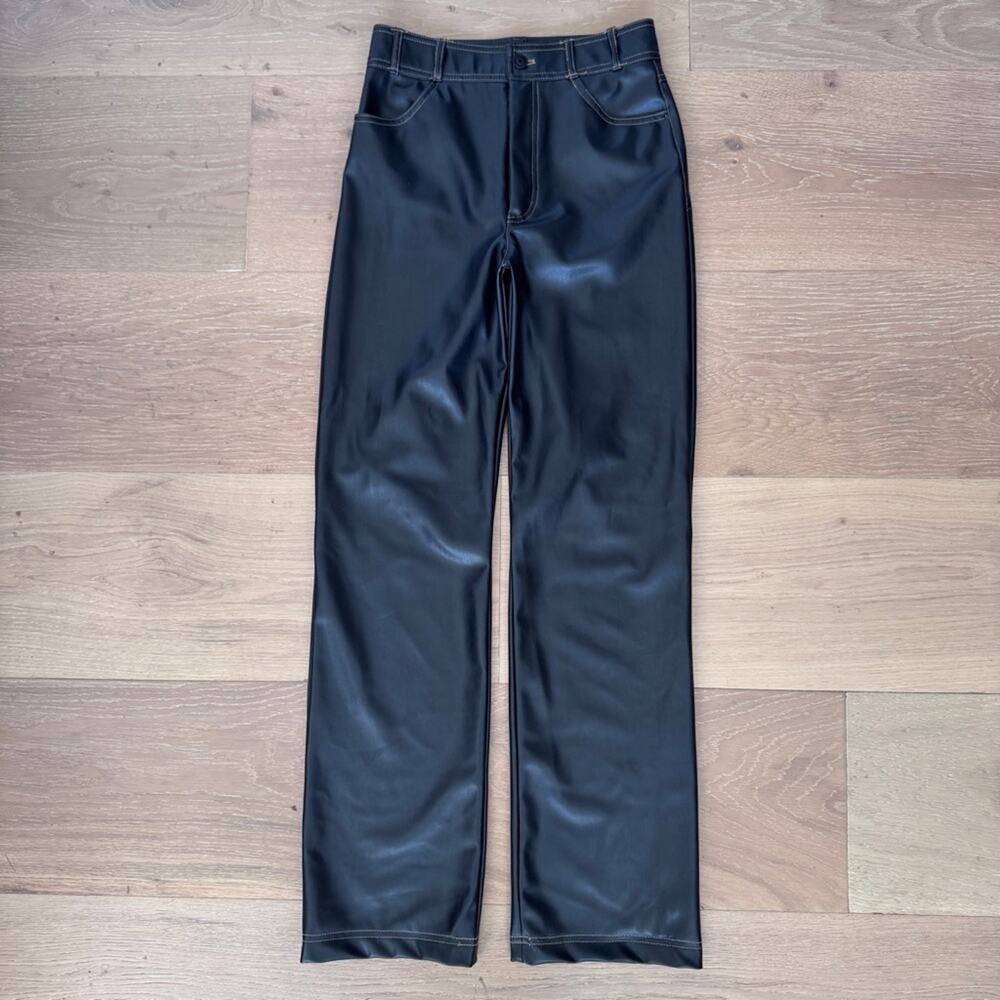 Zara Black Faux Leather Straight Leg Contrast Stitch Pants size XS - Picture 5 of 16